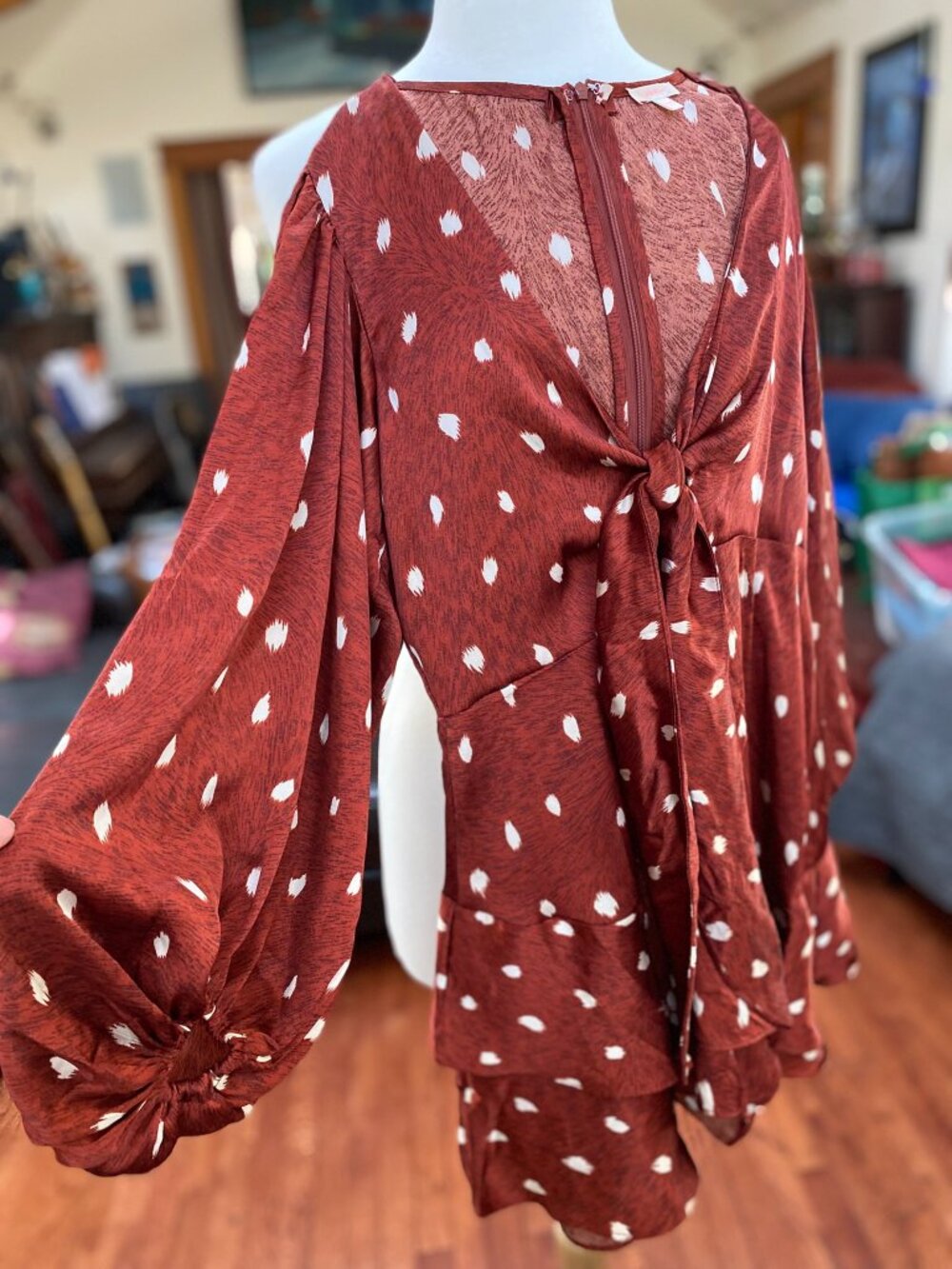 Lux-L copper satin ruffled poet-sleeve romper, size L